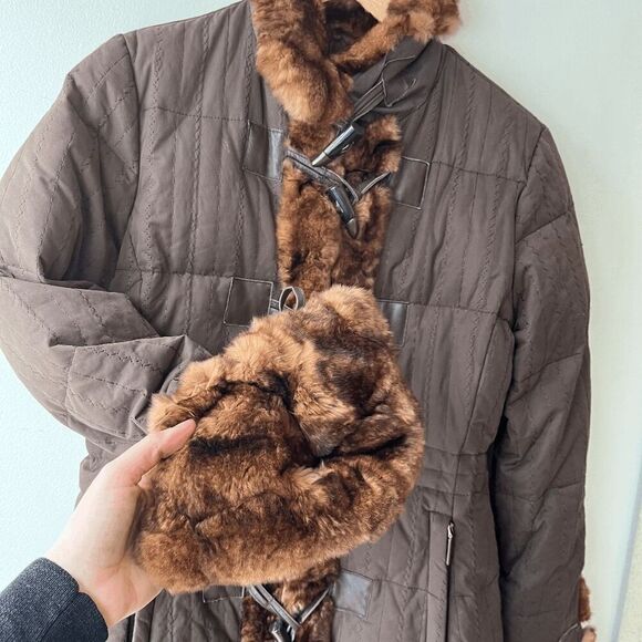 VTG Gordon & Ferguson Down Coat Rabbit Fur Trim Brown Quilted Toggle S - Picture 6 of 11